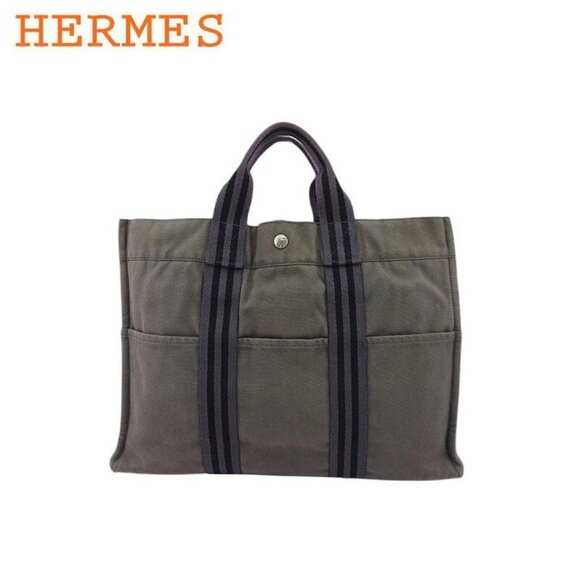 HERMES Tote Bag Fool Toe Gray Gray Cotton Canvas Authentic Used - Picture 1 of 9